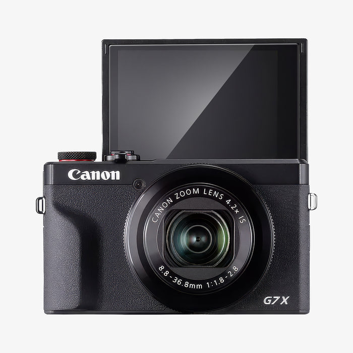 AGL11652 - PowerShot G7 X Mark III Glas.tR SLIM showing front view of Canon PowerShot G7 X Mark III with Spigen Glas.tR Slim    screen protector and flip-up selfie display with Canon Zoom Lens 4.2x IS