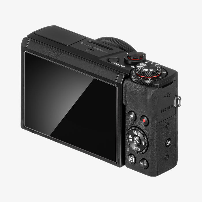 AGL11652 - PowerShot G7 X Mark III Glas.tR SLIM showing angled rear perspective of Canon PowerShot G7 X Mark III with Spigen    Glas.tR Slim screen protector featuring tilting LCD display and HDMI port side view