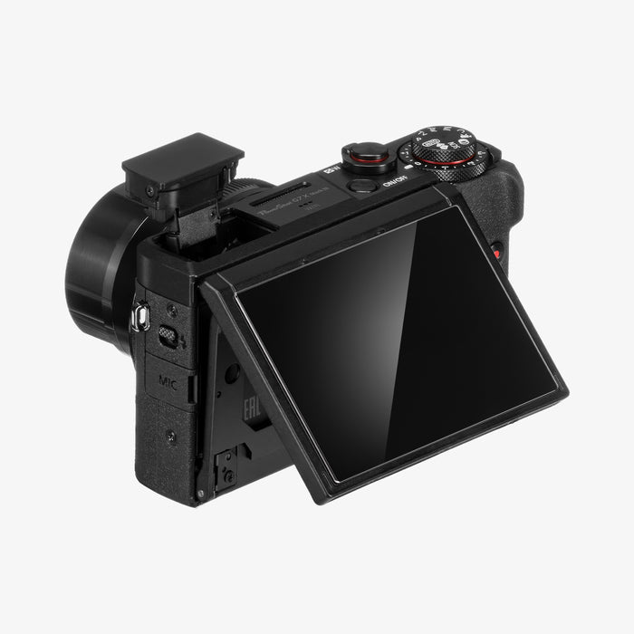 AGL11652 - PowerShot G7 X Mark III Glas.tR SLIM showing side profile of Canon PowerShot G7 X Mark III with Spigen Glas.tR Slim    screen protector and downward-tilting LCD screen with MIC port and top controls visible