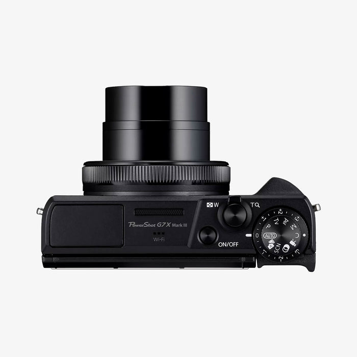 AGL11652 - PowerShot G7 X Mark III Glas.tR SLIM showing top-down view of Canon PowerShot G7 X Mark III with Spigen Glas.tR Slim    screen protector featuring mode dial ON/OFF button and Wi-Fi label