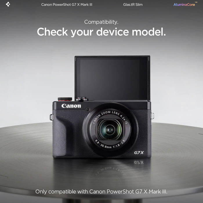 AGL11652 - PowerShot G7 X Mark III Glas.tR SLIM showing compatibility infographic for the Spigen Glas.tR Slim with AluminaCore, only compatible with Canon PowerShot G7 X Mark III, with the camera displayed on a dark surface and flip screen open