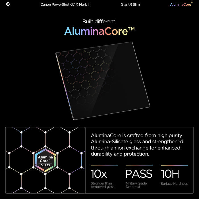 AGL11652 - PowerShot G7 X Mark III Glas.tR SLIM showing AluminaCore technology infographic with a floating glass protector featuring hexagonal pattern, highlighting 10x stronger than tempered glass, military grade drop test pass, and 10H surface hardness