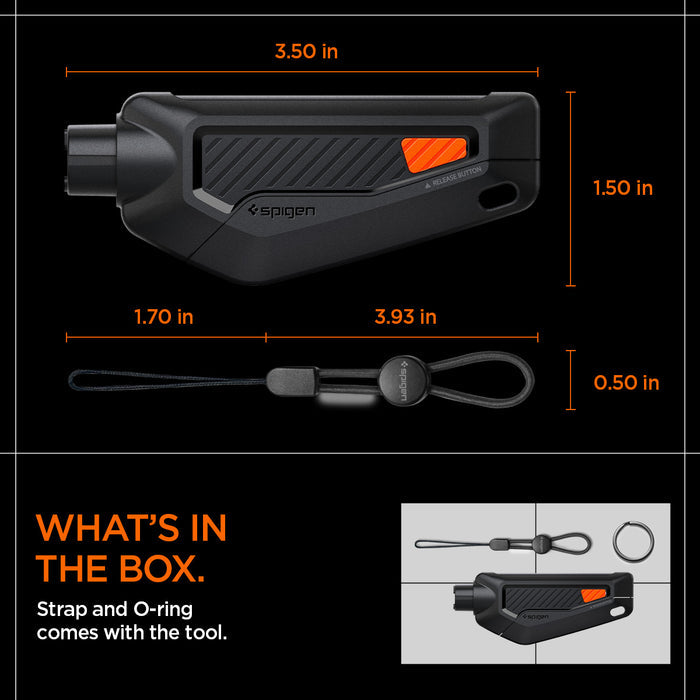 ACP06988 - Car Escape Tool in Black showing the What's in the Box, Strap and O-ring comes with the tool, with the dimension 3.50 in x 1.50 in  of a tool and 1.70 in  x 3.93 in x 0.50 in string