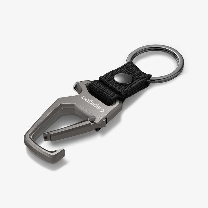 AHP01869 - Carabiner + Keyring in gunmetal showing the front with carabiner slightly open