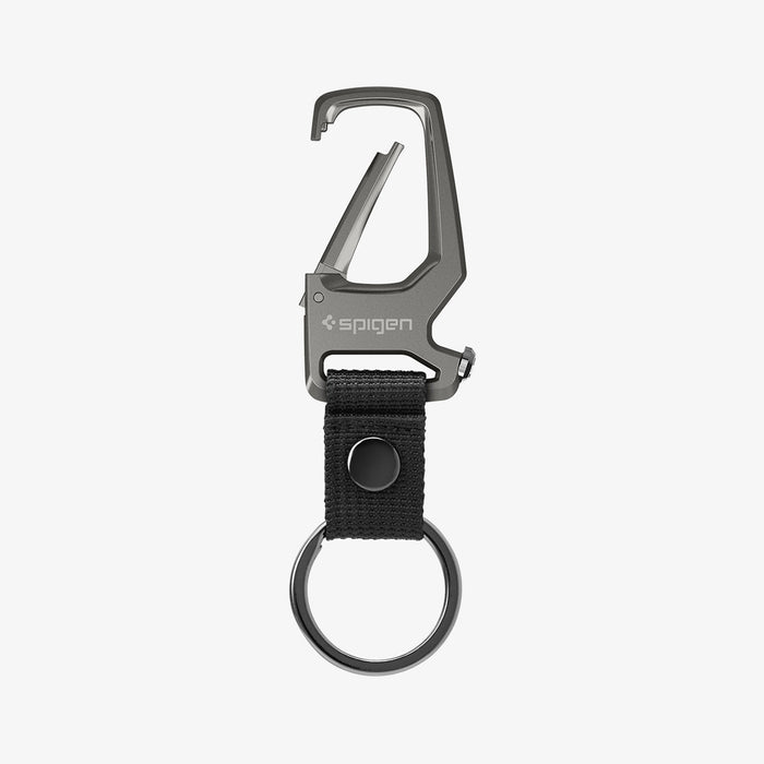 AHP01869 - Carabiner + Keyring in gunmetal showing the front with carabiner slightly open