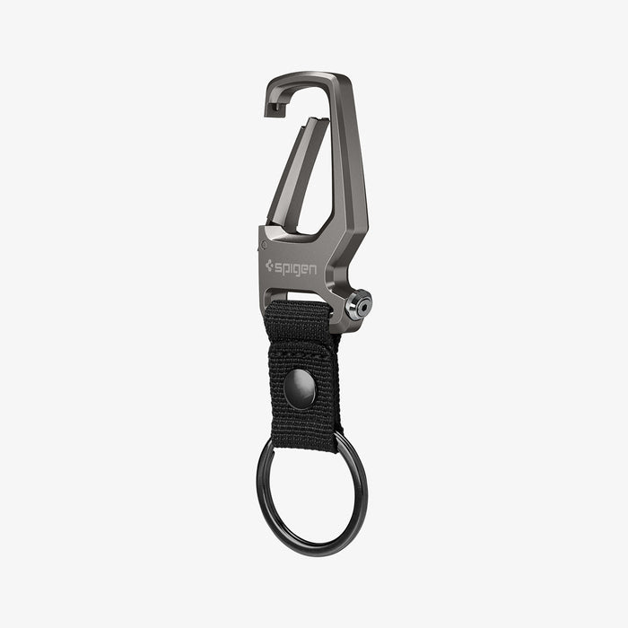 AHP01869 - Carabiner + Keyring in gunmetal showing the front and side with carabiner slightly open