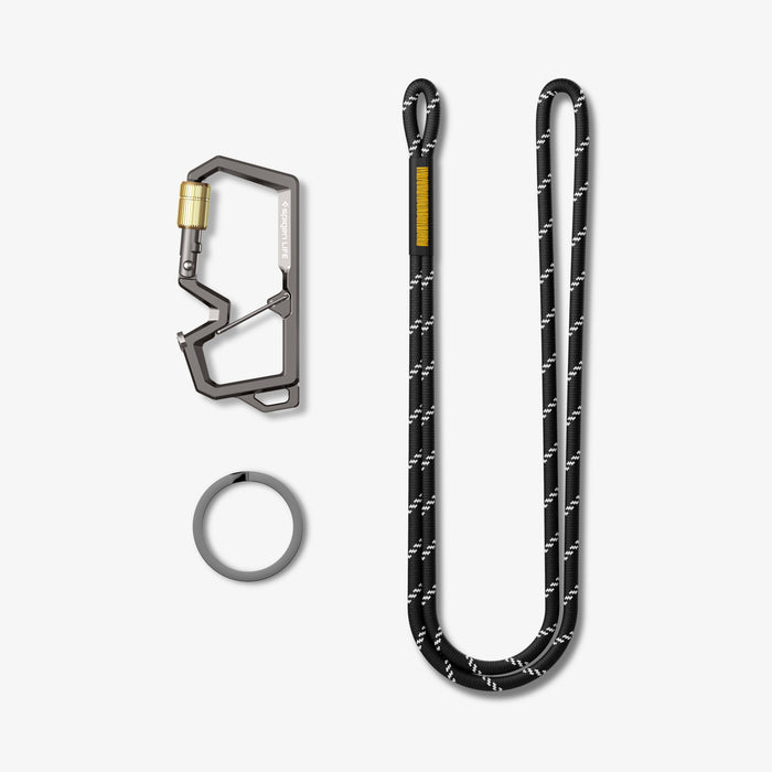 AHP08894 - Carabiner | LF101 in black showing the carabiner, key ring and the rope separately