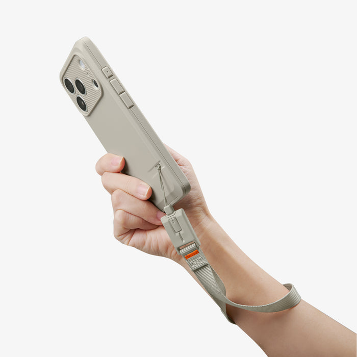 AFA10617 - DA30S LS lanyard strap light gray wrist strap attached to phone case showing back view with secure tether and ergonomic one hand hold