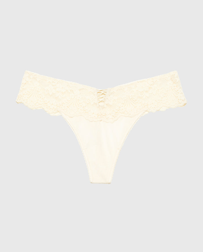 Diva Thong Panty with Timeless Lace Up Detail in Pearled Ivory