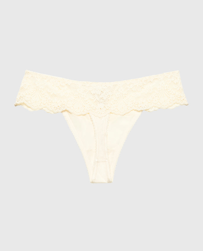 Diva Thong Panty with Timeless Lace Up Detail in Pearled Ivory