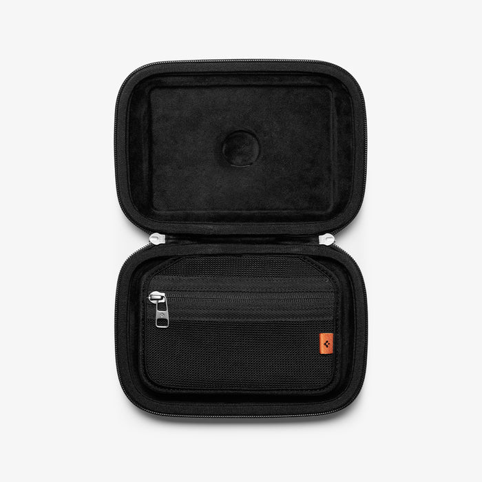 AFA04310 - DJI Action 2 Case Rugged Armor Pro Pouch in black showing the inside with airtag slot and zipper pouch to hold cables without apple logo
