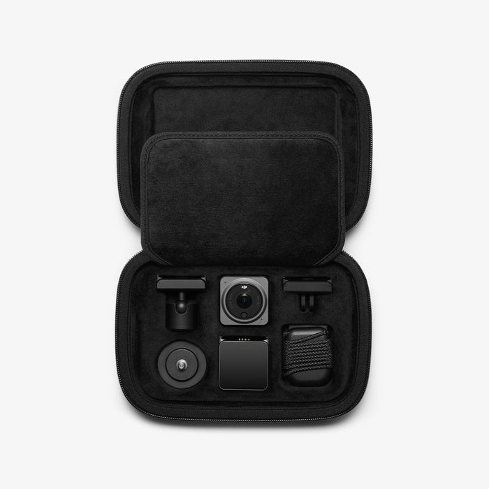 AFA04310 - DJI Action 2 Case Rugged Armor Pro Pouch in black showing the inside with multiple slots to place your DJI securely filled with equipment inside