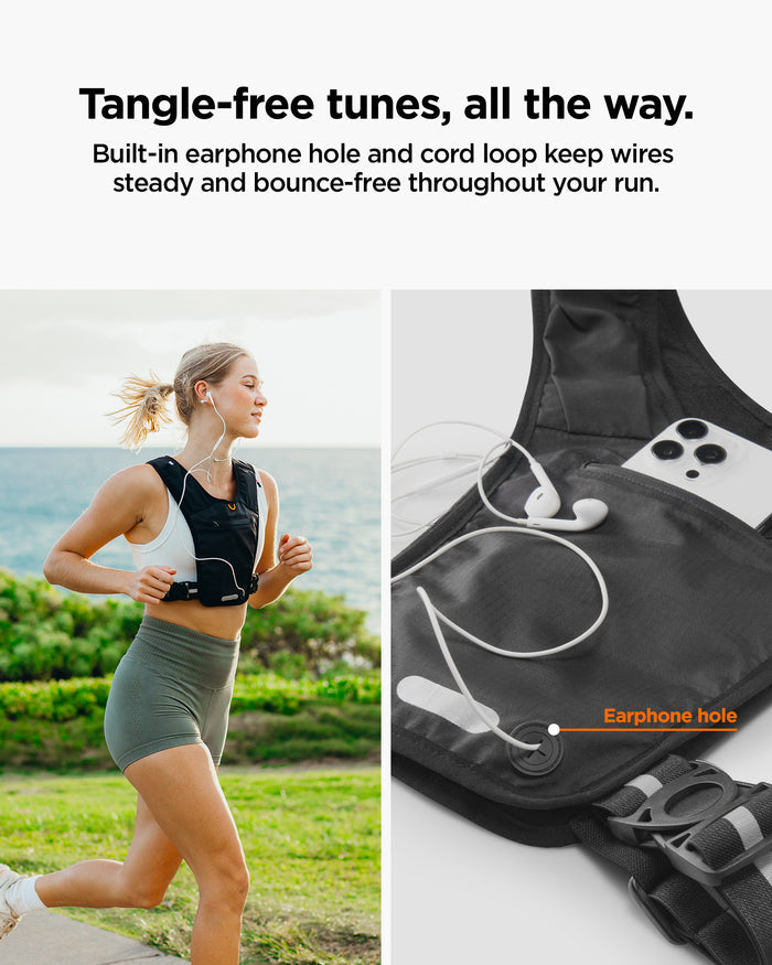 AMP07603 - Dynamic Shield™ Running Vest | A720 M-L in Black showing the tangle-free tunes, all the way. Built-in earphone hole and cord look keep wires steady and bounce-free throughout your run