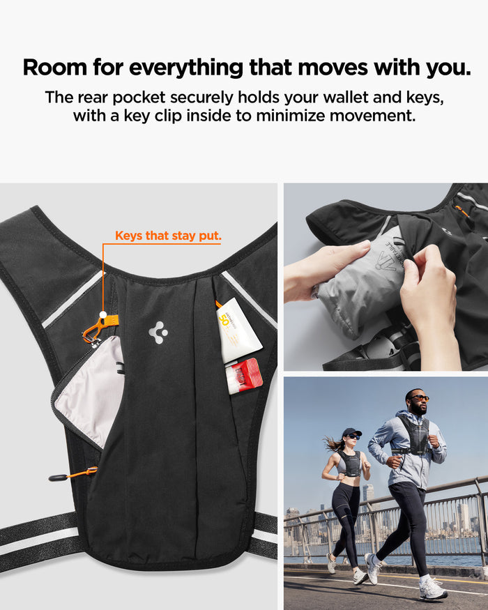 AMP07603 - Dynamic Shield™ Running Vest | A720 M-L in Black showing the room for everything that moves with you. The rear pocket securely holds your wallet and keys, with a key clip inside to minimize movement