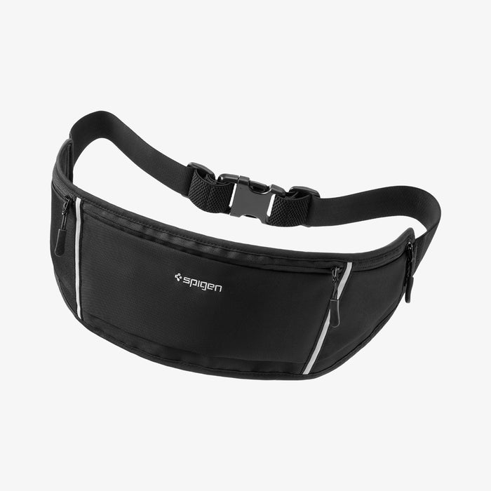 AMP04618 - Dynamic Shield™ Running Waistpack in black showing the front and waist band slightly bending
