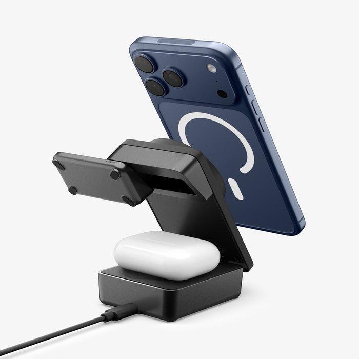 ACH10398 -  Spigen Qi2 3-in-1 Fast Wireless Charger showing magnetic phone attachment from rear angle