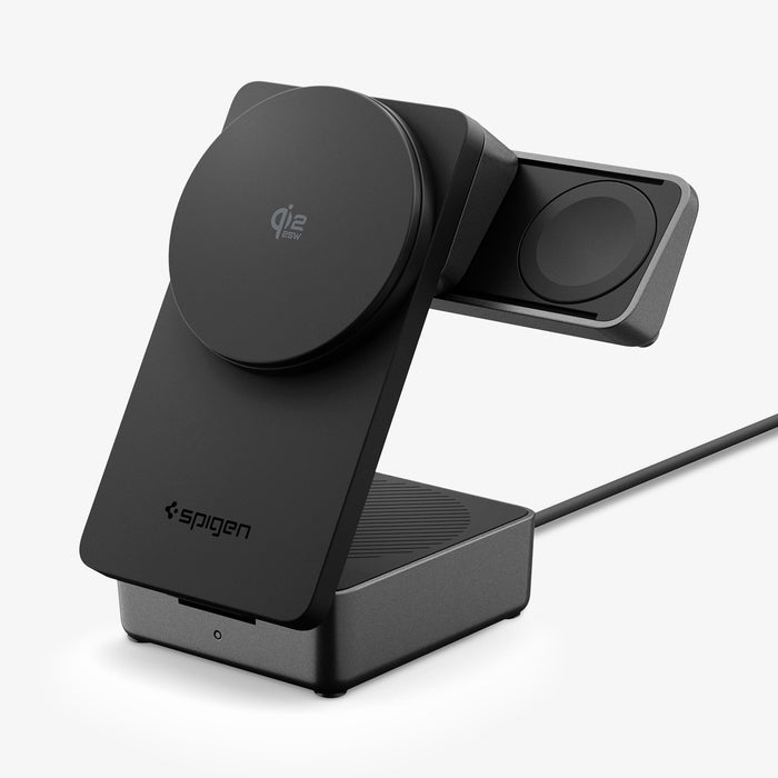 ACH10398 -  Spigen Qi2 3-in-1 Fast Wireless Charger showing extended watch charging arm