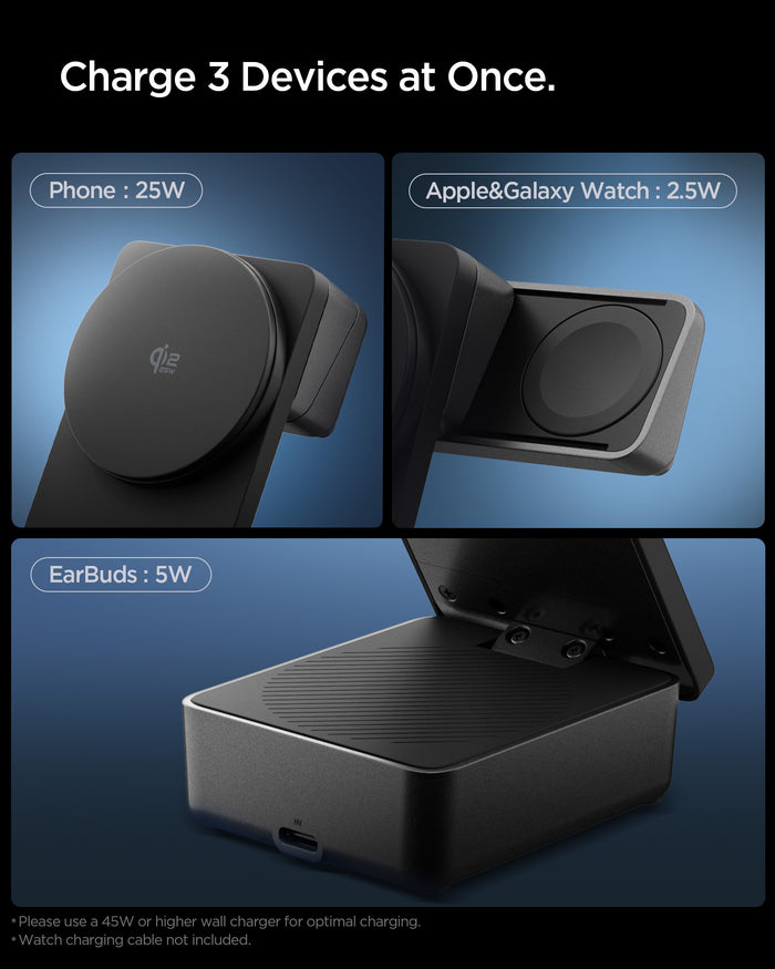 ACH10398 -  Spigen 3-in-1 Fast Wireless Charger showing dedicated charging areas for phone watch and earbuds