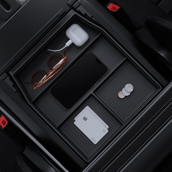 ACP08900 - Ford Armrest Console Organizer | FO220 in Black showing the top with multiple items inside