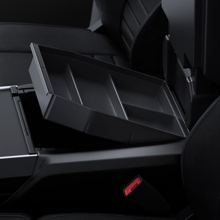 ACP08900 - Ford Armrest Console Organizer | FO220 in Black showing the top, partial side, partially lifted from the center console