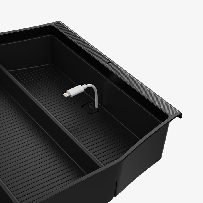 ACP08900 - Ford Armrest Console Organizer | FO220 in Black showing the partial side and inner focusing on the usb cable inserted in the cable cutout