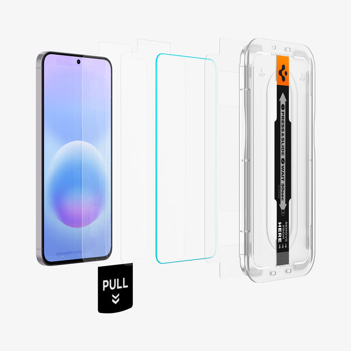 AGL11397 - Spigen GLAStR EZ Fit Pro Galaxy A57 5G screen protector exploded view showing 2-pack glass, installation tray and pull tab