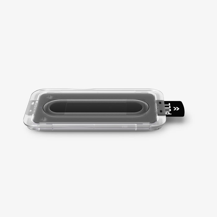 AGL11397 - Spigen GLAStR EZ Fit Pro Galaxy A57 5G screen protector installation tray side profile view with pull tab
