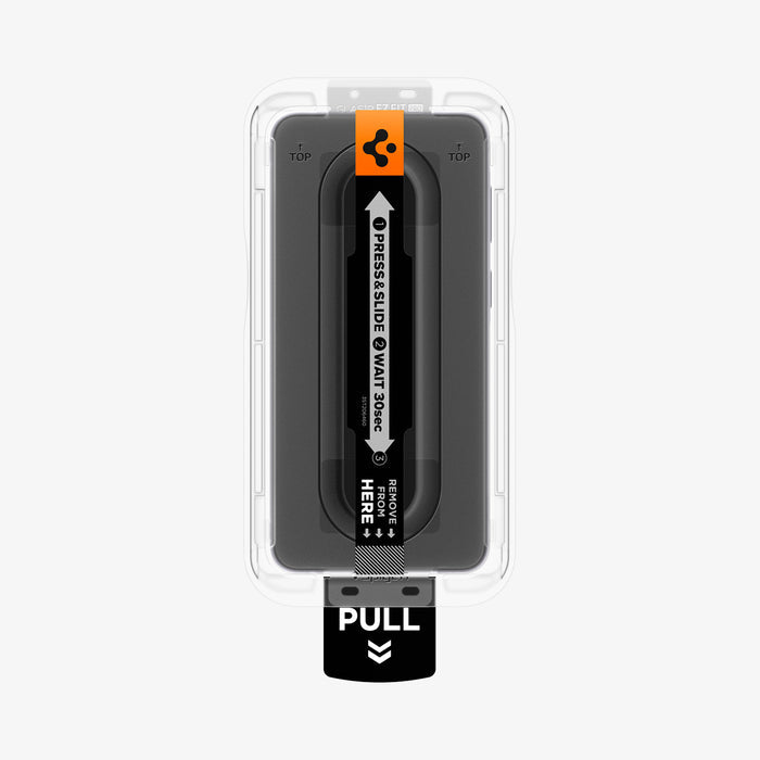 AGL11397 - Spigen GLAStR EZ Fit Pro Galaxy A57 5G screen protector front view of installation tray with press and slide instructions