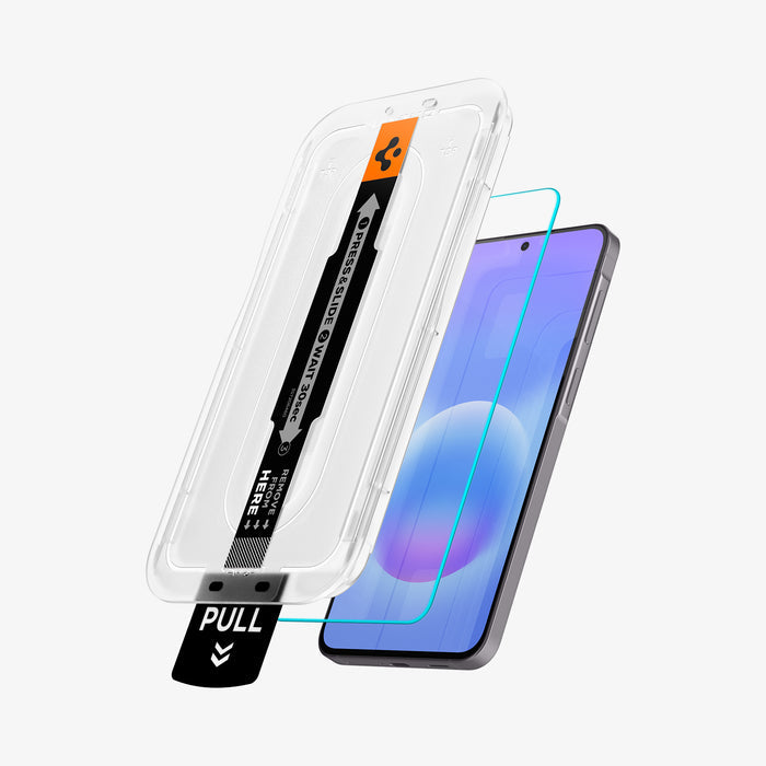 AGL11397 - Spigen EZ Fit Pro Galaxy A57 5G screen protector with alignment tray and step-by-step installation instructions