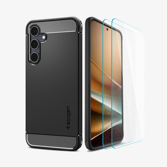 ACS11407 - Spigen Rugged Armor Galaxy A57 5G Black case and 2-pack screen protector bundle shown from back and front angles