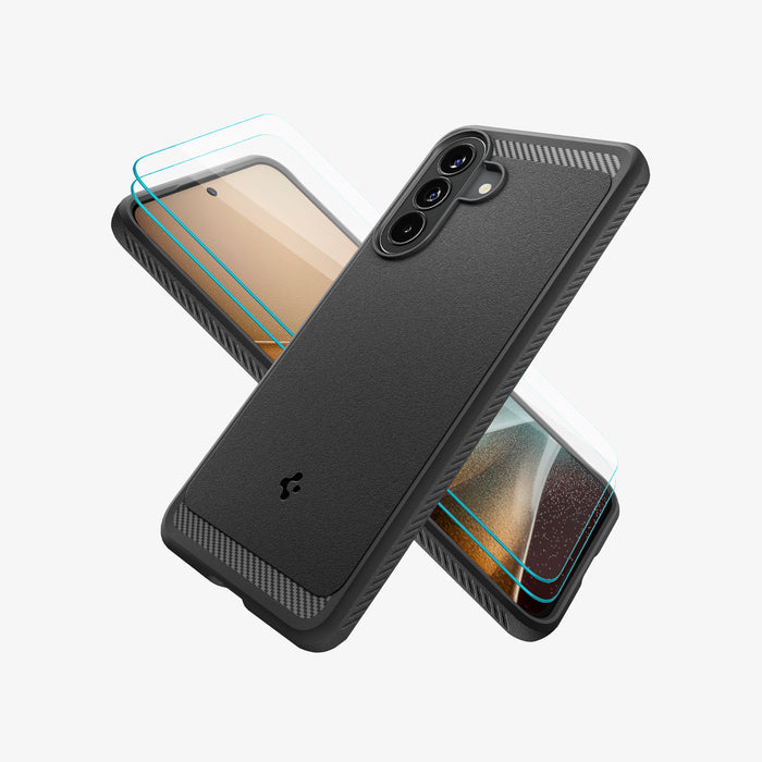 ACS11407 - Spigen Rugged Armor Galaxy A57 5G Black bundle showing case back view with carbon-fiber accents and 2-pack screen protectors