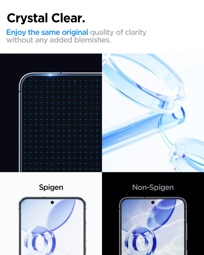 ACS11407 - Spigen Rugged Armor Galaxy A57 5G Black case showing crystal clear display clarity comparison between Spigen and non-Spigen screen protectors