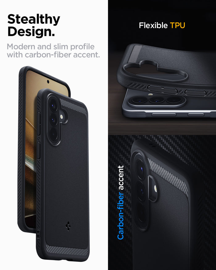 ACS11407 - Spigen Rugged Armor Galaxy A57 5G Black case showing slim carbon-fiber accent design with flexible TPU construction