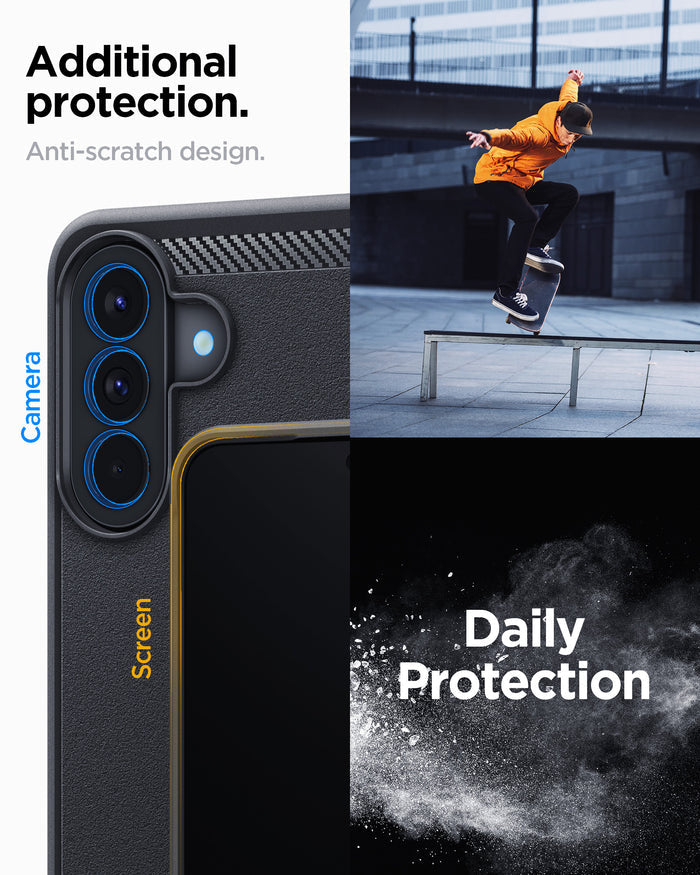 ACS11407 - Spigen Rugged Armor Galaxy A57 5G Black case showing raised camera and screen bezels for anti-scratch daily protection