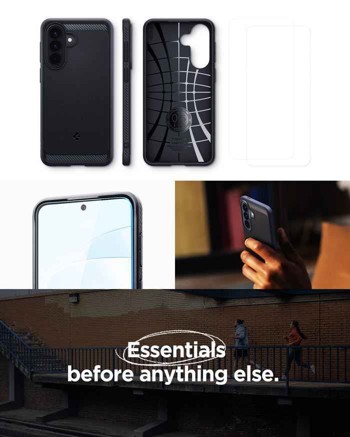 ACS11407 - Spigen Rugged Armor Galaxy A57 5G Black case back, interior, and side views with screen protector showing precise design