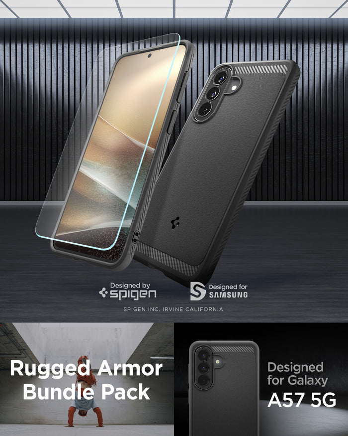 ACS11407 - Spigen Rugged Armor Bundle Pack for Samsung Galaxy A57 5G in Black including case and screen protector, designed for Samsung