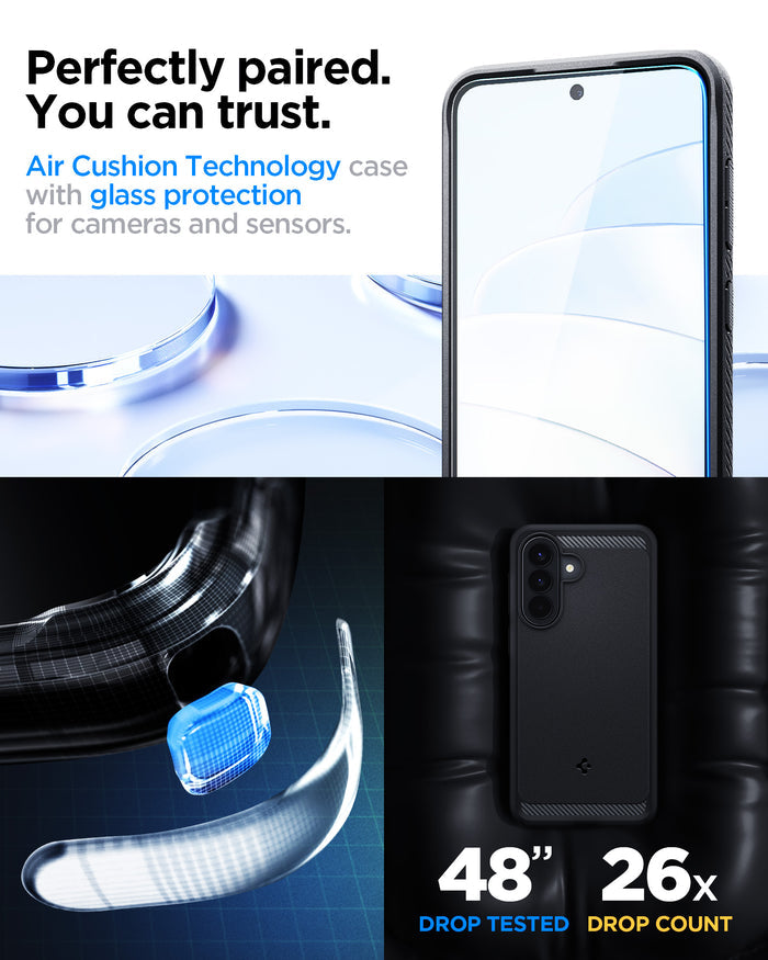 ACS11407 - Spigen Rugged Armor Galaxy A57 5G Black case with Air Cushion Technology, 48-inch drop tested 26 times with glass protection