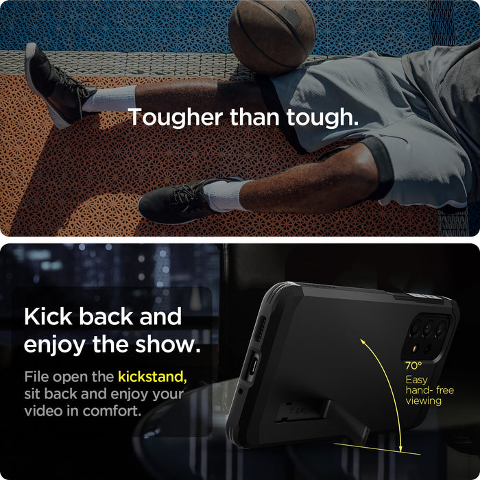 ACS04319 - Galaxy A33 5G Case Tough Armor in Black showing the kickstand with 70 degrees hand-free viewing.