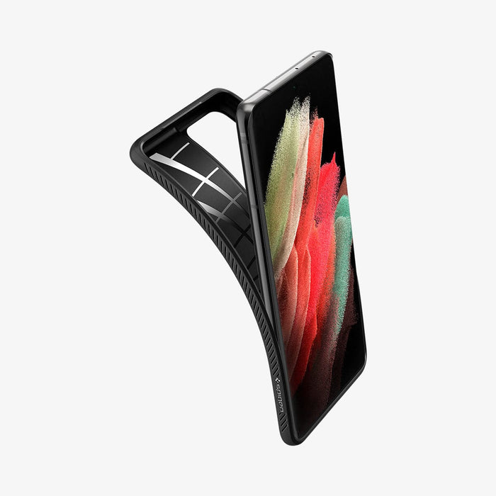 ACS02350 - Galaxy S21 Ultra Liquid Air Case in matte black showing the case bending away from the device