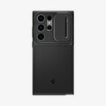ACS05639 - Galaxy S23 Ultra Case Optik Armor in black showing the back with lens protector slot open
