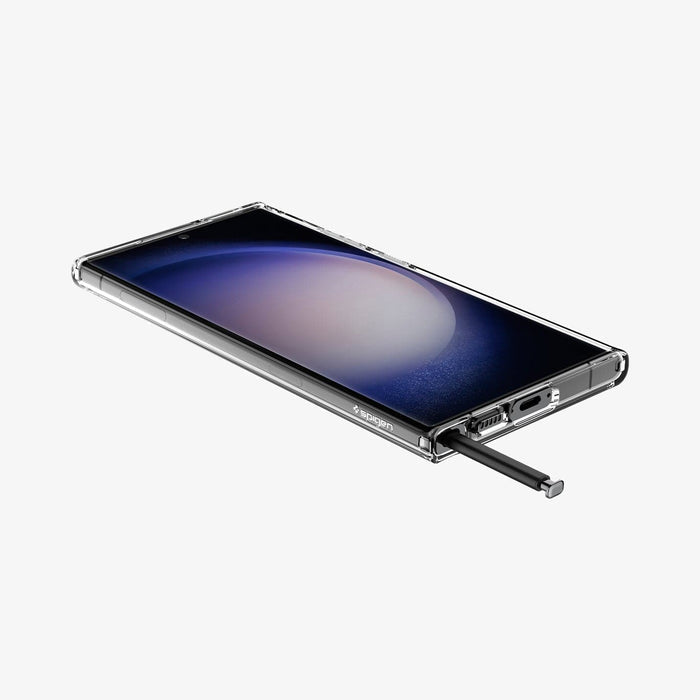 ACS05617 - Galaxy S23 Ultra Case Ultra Hybrid in crystal clear showing the front, side and bottom with s pen sticking out of slot