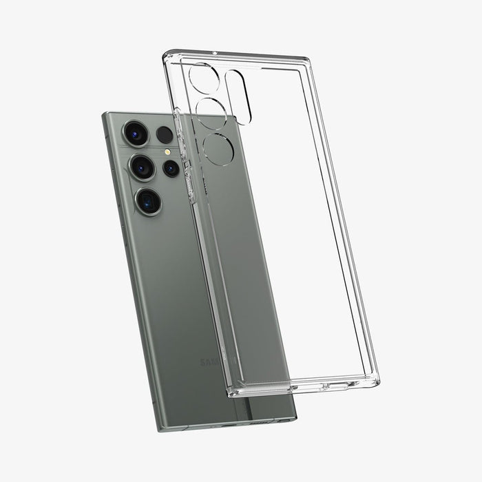 ACS05617 - Galaxy S23 Ultra Case Ultra Hybrid in crystal clear showing the back with case hovering away from device