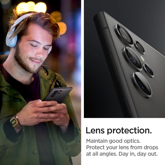AGL07425 - Galaxy S24 Ultra Optik Pro EZ Fit Lens Protector in Black showing the lens protection. Maintain good optics. Protect your lens from drops at all angles. Day in, day out