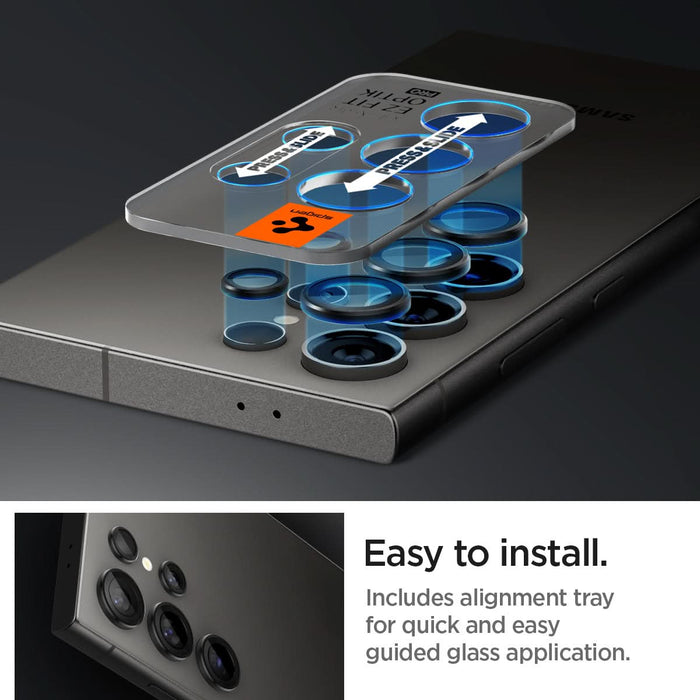 AGL07425 - Galaxy S24 Ultra Optik Pro EZ Fit Lens Protector in Black showing the easy to install. Includes alignment tray for quick and  easy guided glass application