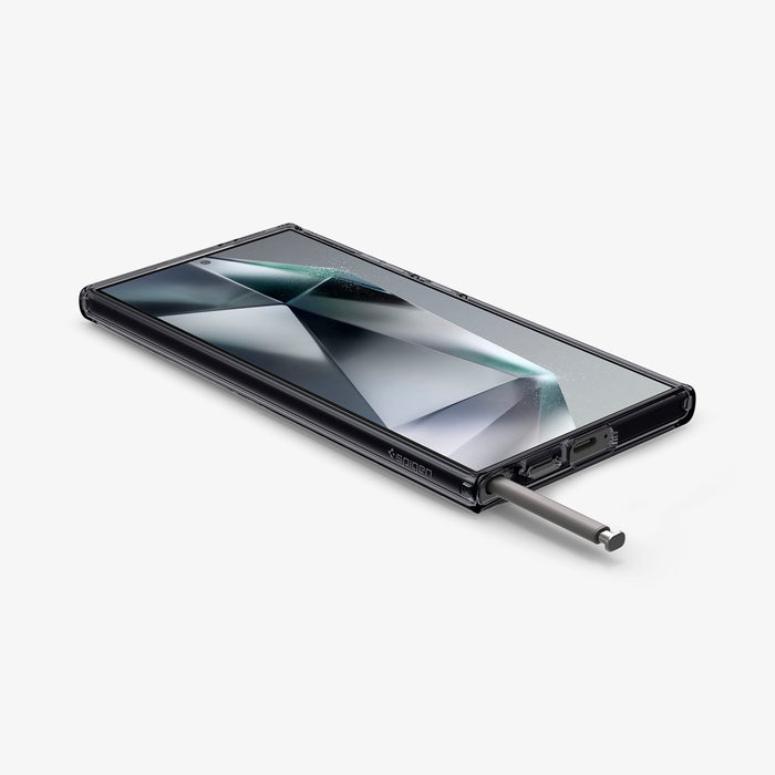 ACS07298 - Galaxy S24 Ultra Case Ultra Hybrid Metal Ring Zero One (MagFit) in Zero One showing the front, partial sides and stylus pen sticking out on a flat surface