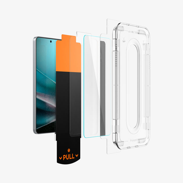 AGL09410 - Galaxy S25 Edge GLAS.tR EZ Fit Pro showing the installation tray, hovering in front of the film strip, screen protector, pull tab and the device