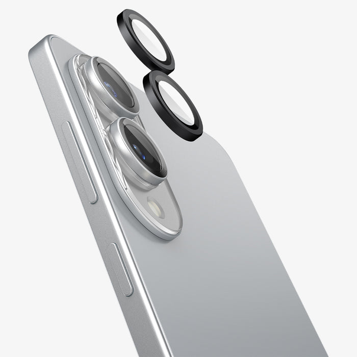 AGL09412 - Galaxy S25 Edge Optik EZ Fit Lens Pro Protector in Black showing the 2 lens screen protector hovering in front of the camera lens and the device