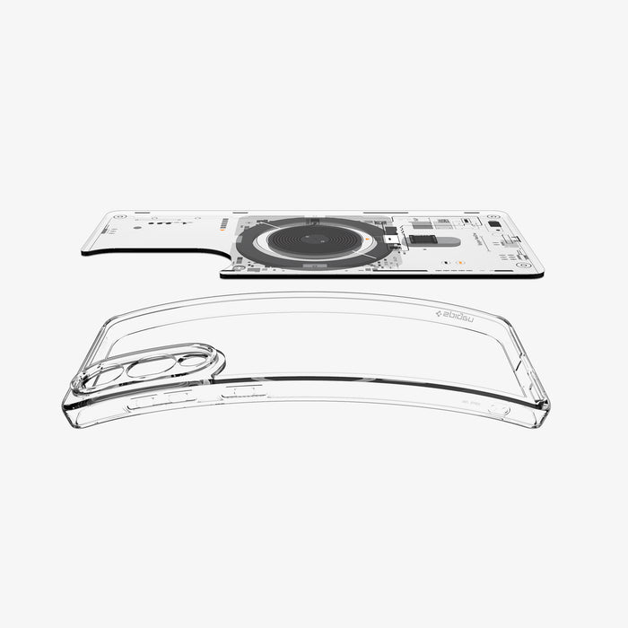 ACS09416 - Galaxy S25 Edge Case Ultra Hybrid Neo One showing the back layer detached while hovering above the tpu frame of the case partially bent upward