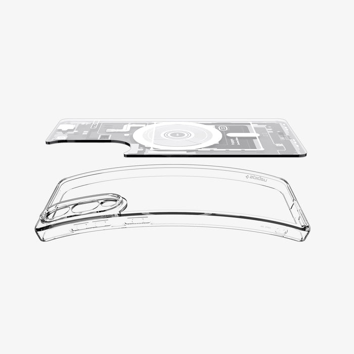 ACS09417 - Galaxy S25 Edge Case Ultra Hybrid Zero One in Zero One White showing the back layer detached while hovering above the tpu frame slightly bent upward