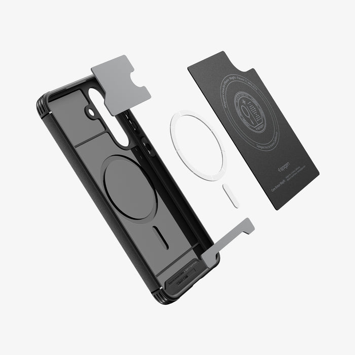 ACS11641 - Galaxy S25 FE Core Armor (MagFit) in Matte Black showing the inner case with impact foam hovering above the metal safe ring detached from the hard layer case
